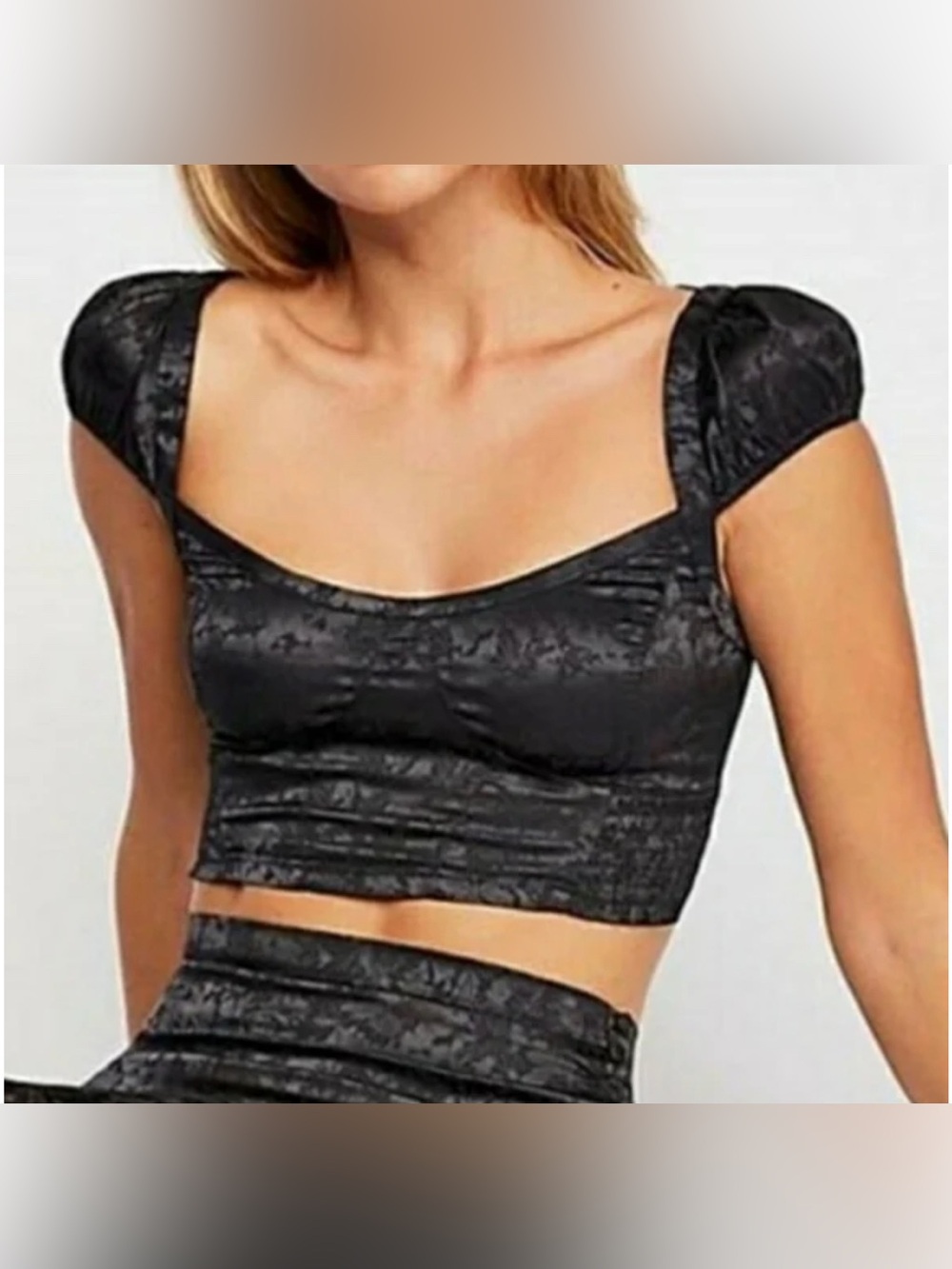 Black Satin Crop Top with Puff Cap Sleeves